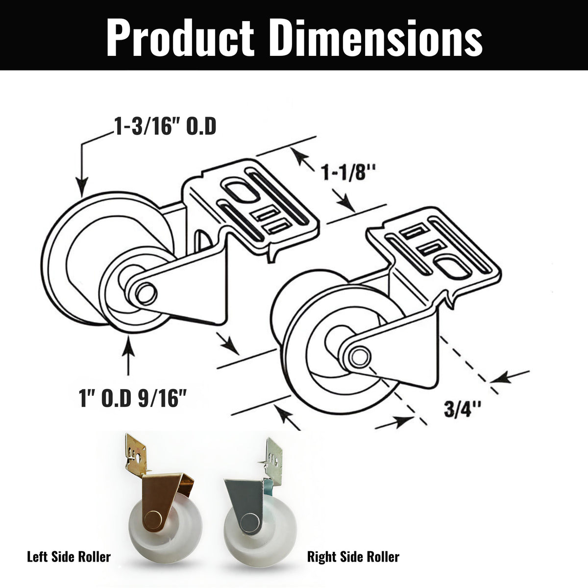 Nylon Drawer Guide Rollers – 1" Wheels with Steel Brackets, Left & Right – 4 Pack