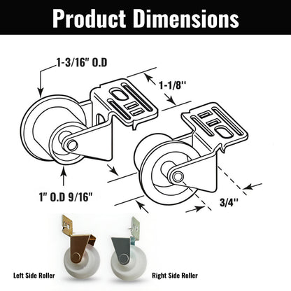 Nylon Drawer Guide Rollers – 1" Wheels with Steel Brackets, Left & Right – 4 Pack