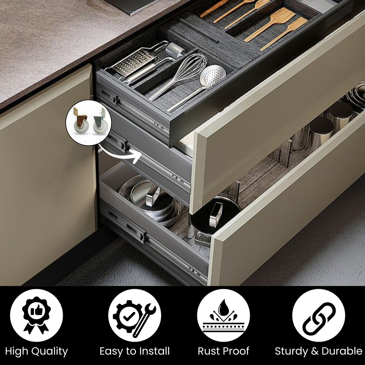 Nylon Drawer Guide Rollers – 1" Wheels with Steel Brackets, Left & Right – 4 Pack