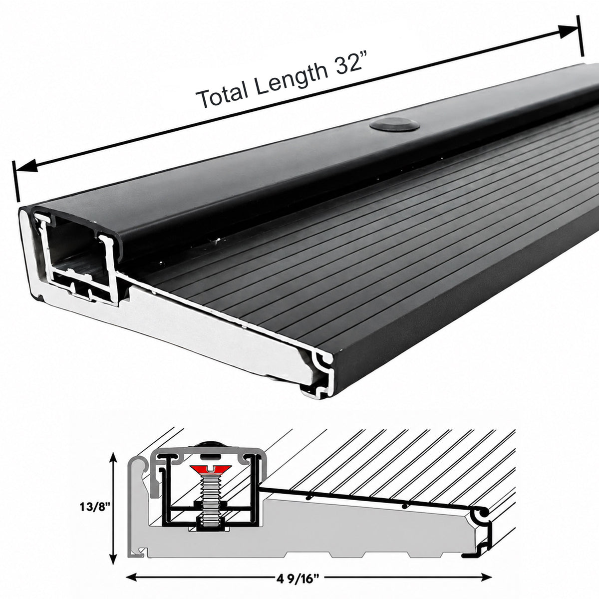 32", 36", 48", 60", 72" Length x 4-9/16" W x 1-3/8" H Adjustable Black Aluminum Door Threshold